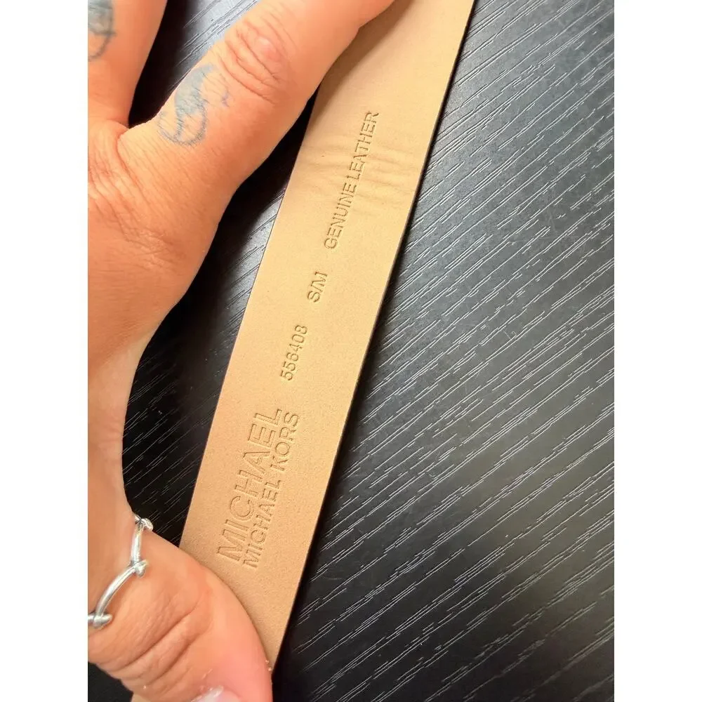 Authentic Michael Kors Brown Leather Belt Gold Crystal MK Buckle S/M READ BELOW